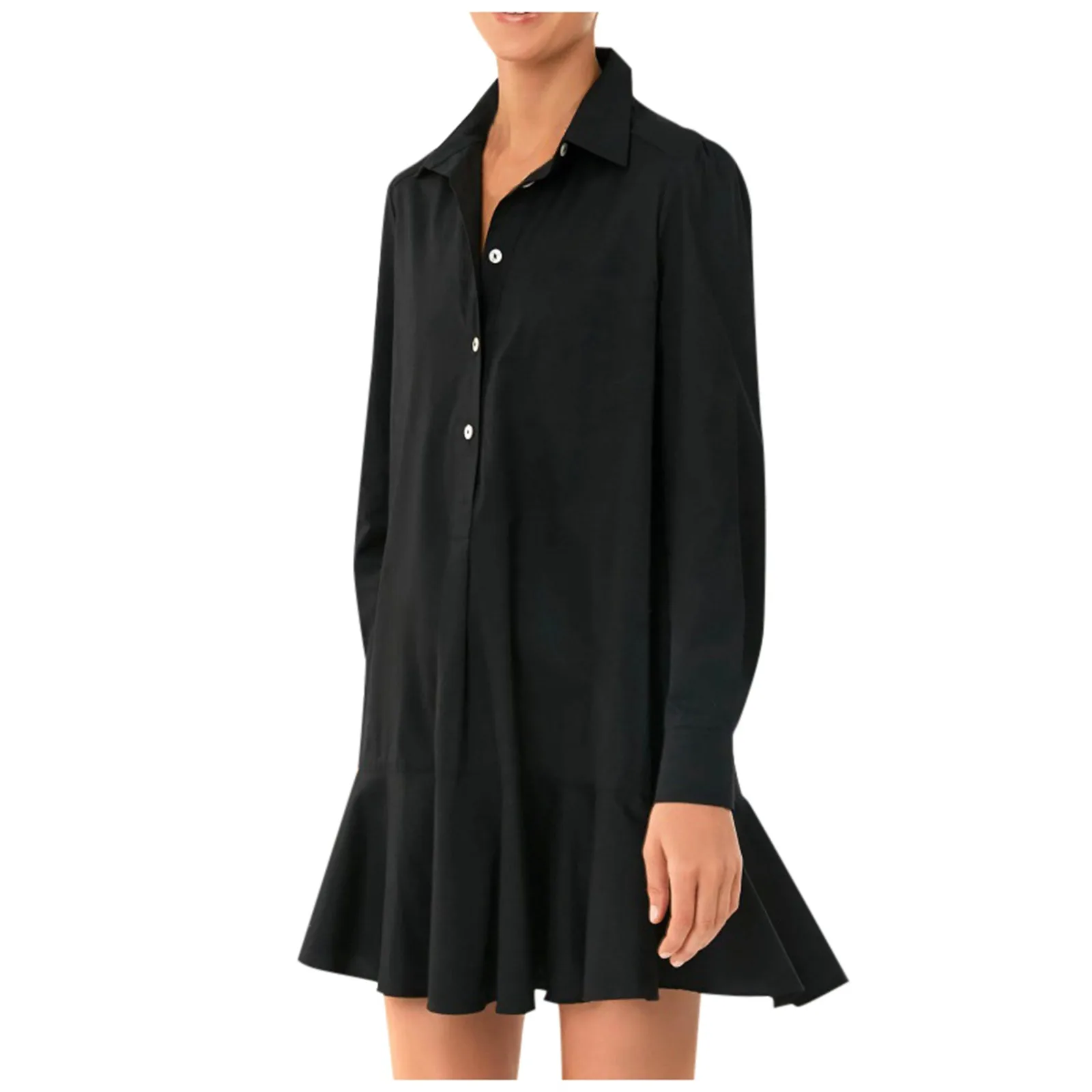 

Casual Summer Shirt Dress Women Solid Color Long Sleeve Turndown Collar Ruffles Dress Ladies Fashion Button Loose Fit Dresses