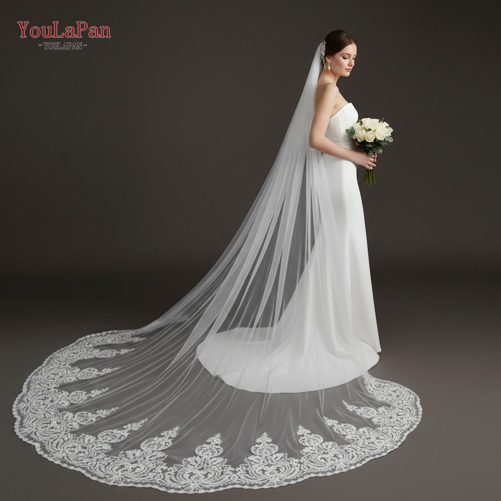 

TOPQUEEN Velo De Novia Lujosa, роскошная свадебная фата с кружевными вставками, однослойная, для церемоний в соборе, свадебные аксессуары с гребнем V161