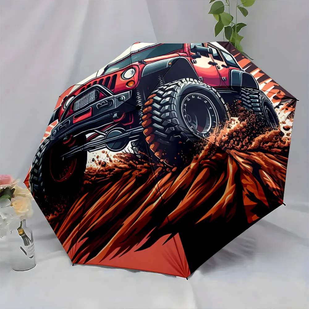 1PC Off-road Jeep design umbrella with striking adventurous theme Print 8 Iron Ribs Folding Umbrella Auto-Open Fashion Sunshade