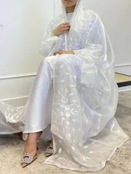 Sommer Satin weiß Abaya für Frau Stickerei Puff Ärmel offen Abayas für muslimischen Kimono Dubai Luxus Truthahn Islam Kaftan Kleid