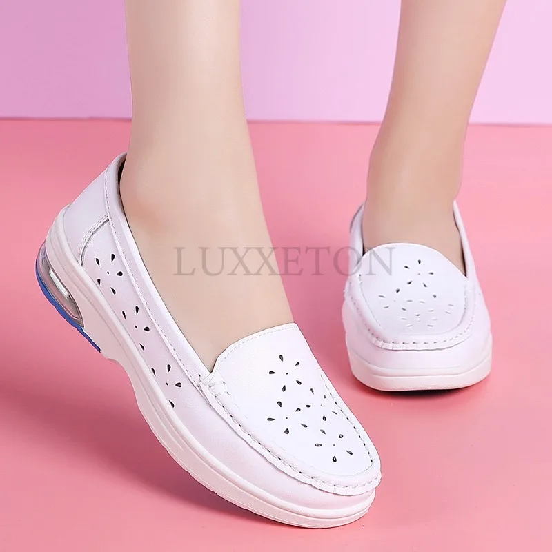 Genuine Leather Air Cushion Nurse Shoes Women Soft Soles Hollowed Out Breathable Non Slip Flat Bottomed White Medical Shoes