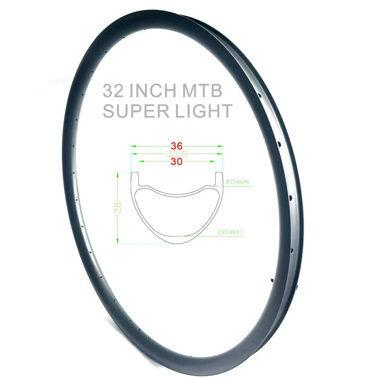 32 Inch MTB Carbon Rims 30mm Inner Width 28MM Height Tubeless Ready Toray T800 Super Light