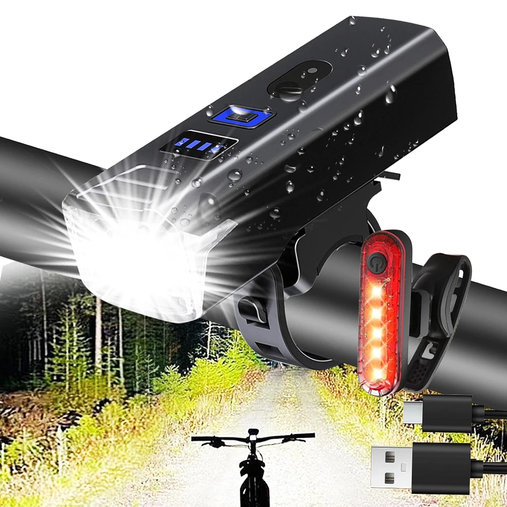 Juego de luces para bicicleta mejorado, potente faro LED para bicicleta, luz delantera recargable por USB con luz trasera, 5 modos para bicicleta de carretera MTB