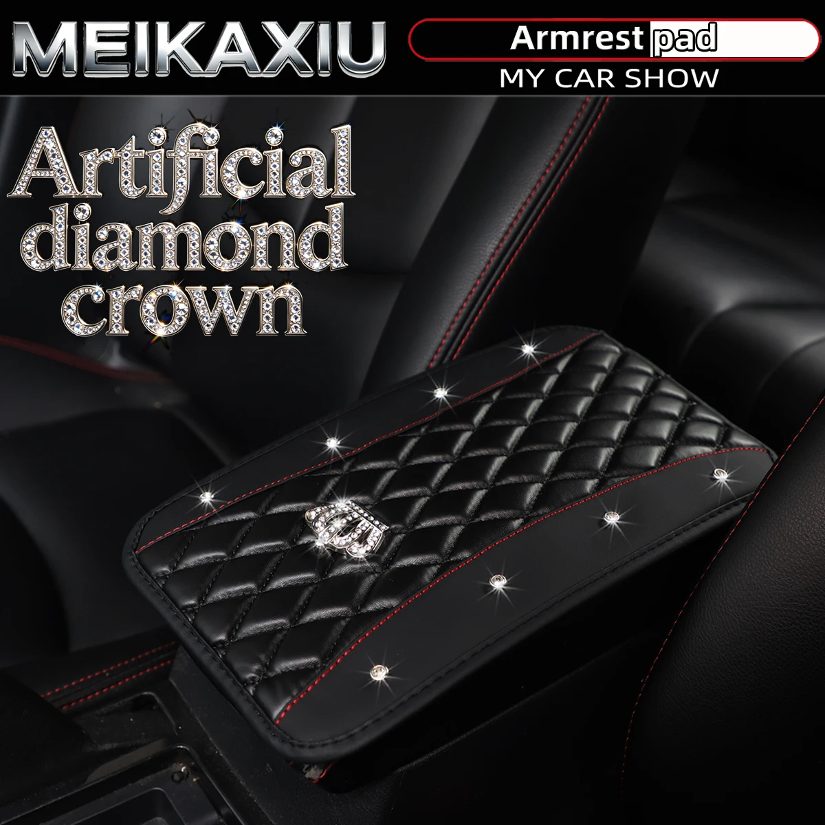 New Women's PU Leather Embroidered with Artificial Diamonds and Glittering Metal Crown - BlingBling Car Console Cover Pad image 4