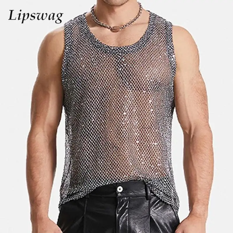 Nightclub Sexy Mens Tank Tops Mesh Sequin Glitter Hollow Out Transparent Vest Men Summer Fashionable Sleeveless Mesh Camisoles