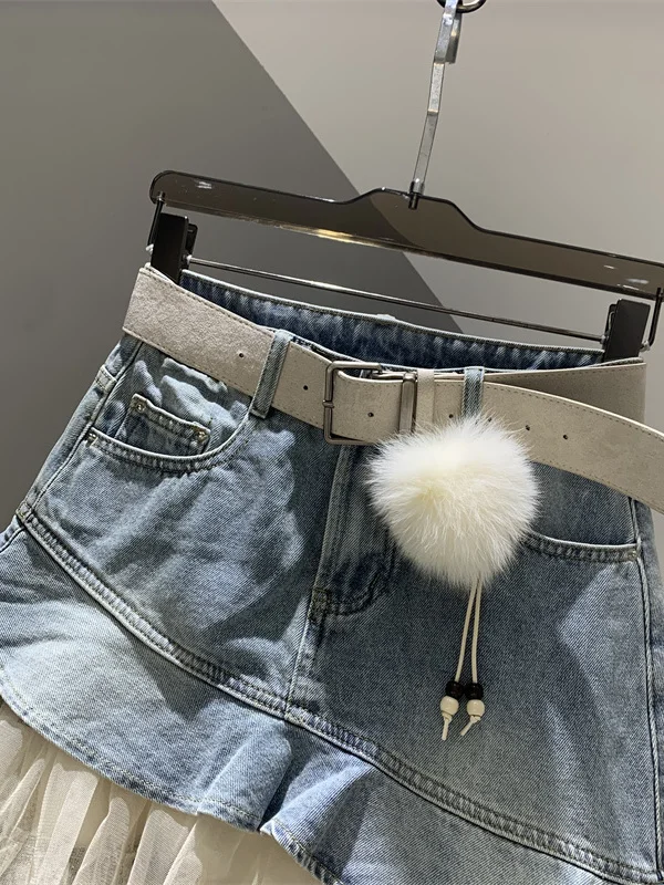Casual Style Mesh Splice Half-length Women's Denim Skirt Asymmetrical Design Bodycon Midi Skirt Standard Fit Cotton Blend