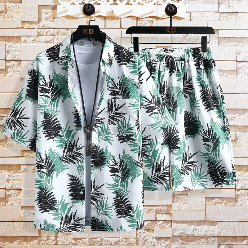 

Комплект Гавайский мужской из 2 предметов, Пляжная рубашка с коротким рукавом и принтом, шорты, повседневный костюм для поездок, лето 2024