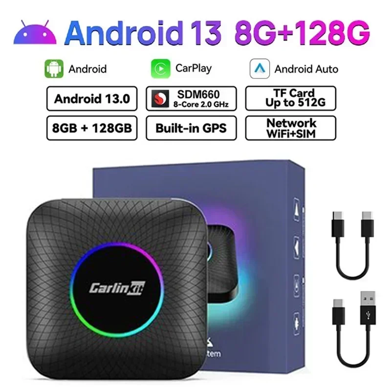 8GB+128GB CarlinKit Android 13 CarPlay AI Box LED Wireless Carplay Android auto Adapter Upgrade SDM660 8-Cores For IPTV