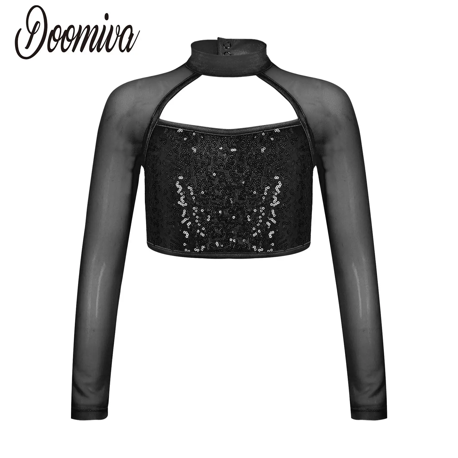 

Kids Shiny Sequined Hip Hop Street Modern Dance Crop Tops Sheer Mesh Long Sleeve Mock Neck Shirts Dancewear Performance Costume