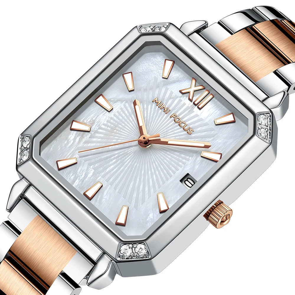 MINI FOCUS Elegant Square Ladies Watch Genuine Mother-of-Pearl Dial Stainless Steel 0472L