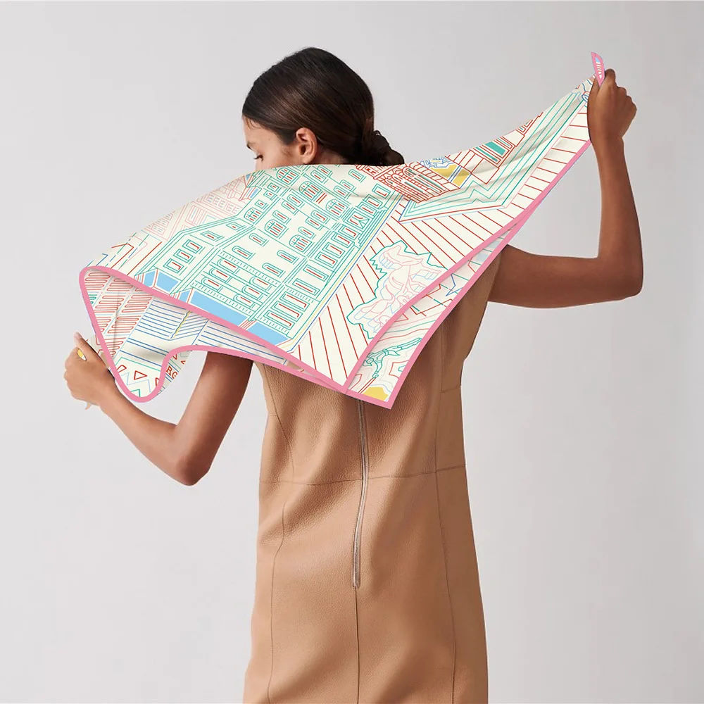 حك وشاح حريري شال العلامة التجارية الفاخرة Fubao مدينة العمارة ساحة وشاح النساء الحجاب باندانا فولارد منديل الأوشحة الرأس