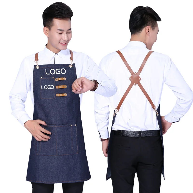 

Korean Fashion Denim kitchen Belt Skirt Bar Western Restaurant Waiter Home Baking Work Clothes for Woman Man Apron Custom LOGO