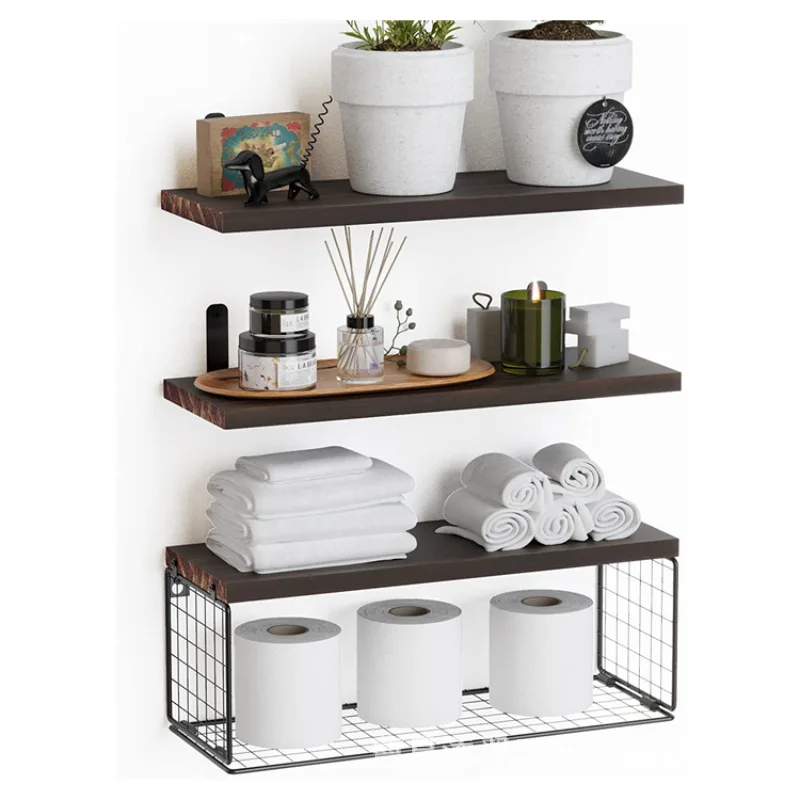 

Wall Mounted Suspended Partition Wooden Bathroom Storage Rack Living Room Floating Shelf 2-in-1 Storage Holders Easy To Assemble