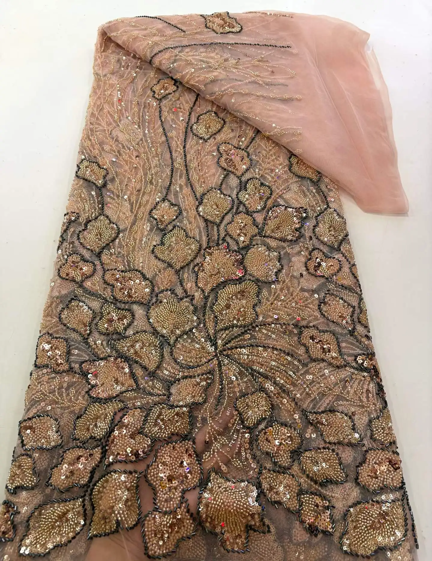 

2026 Elegant African Nigerian Fashion Beaded Lace High-end Luxury French Sequins Mesh Lace Fabric Women's Evening Dress Party