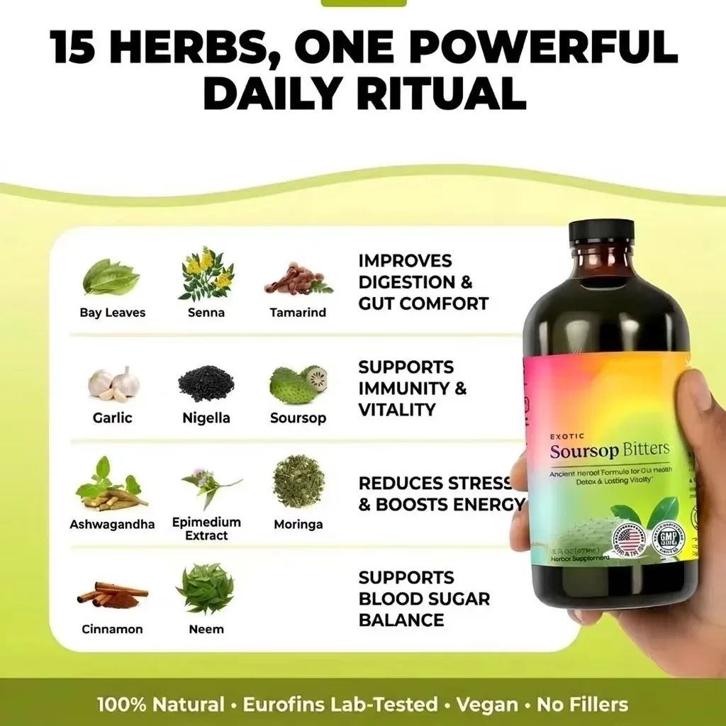 Herbal Soursop Bitters Liquid Drops – Herbal Cleanse & Natural Detox Tonic with Moringa| Digestive Support | Vegan, Non-GMO