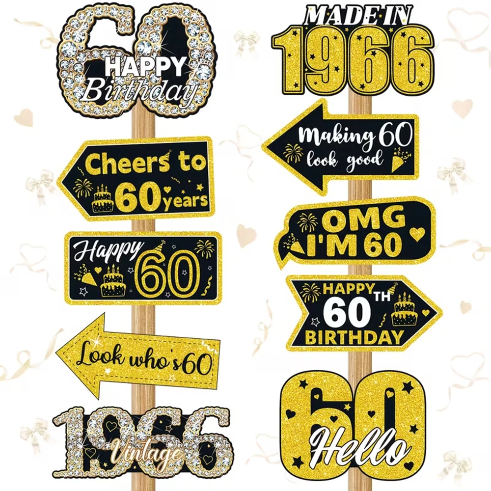 10-teiliges 60. Geburtstag Dekorations-Set Foto-Requisiten Schwarz-Gold Vintage-Stil Papierbeschilderung für 60. Geburtstagsfeier Dekorationen