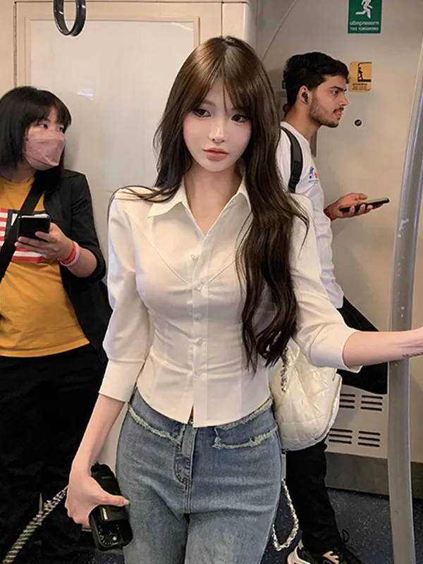

White Slim Fit Shirt Women's Spring New Style Seven Sleeve Waist Cinched Professional Shirt Waist In, Top Korean Style Commut...