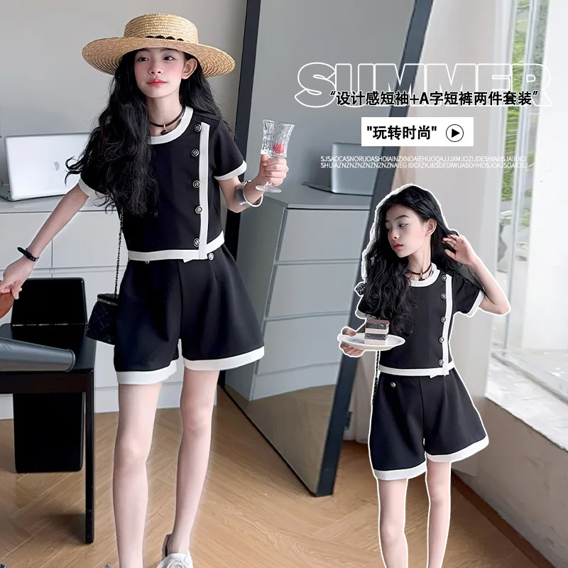 4-14 French design baby girl shorts suit Black white contrasting slanted top+A-line shorts 2pc teen kid set junior child outfits