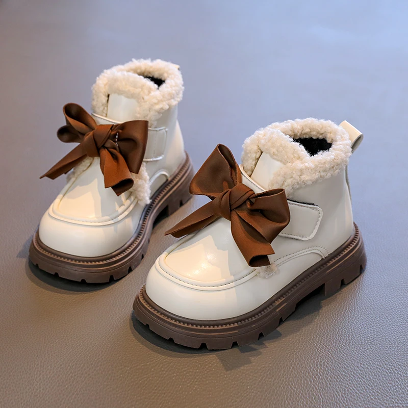 

Children's Leather Boots Winter British Style Thick Soled Girl Plush Loafers School Kids Casual Warm Non-slip Cotton Shoes