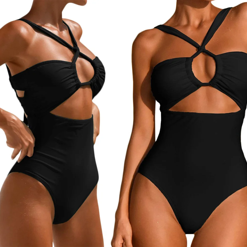 Frauen einteiliges Badeanzüge Hohe Taille Backless Hängen Hals Black Bademode Weiche Material Einfach zu Tragen Komfortable Riemen bikini