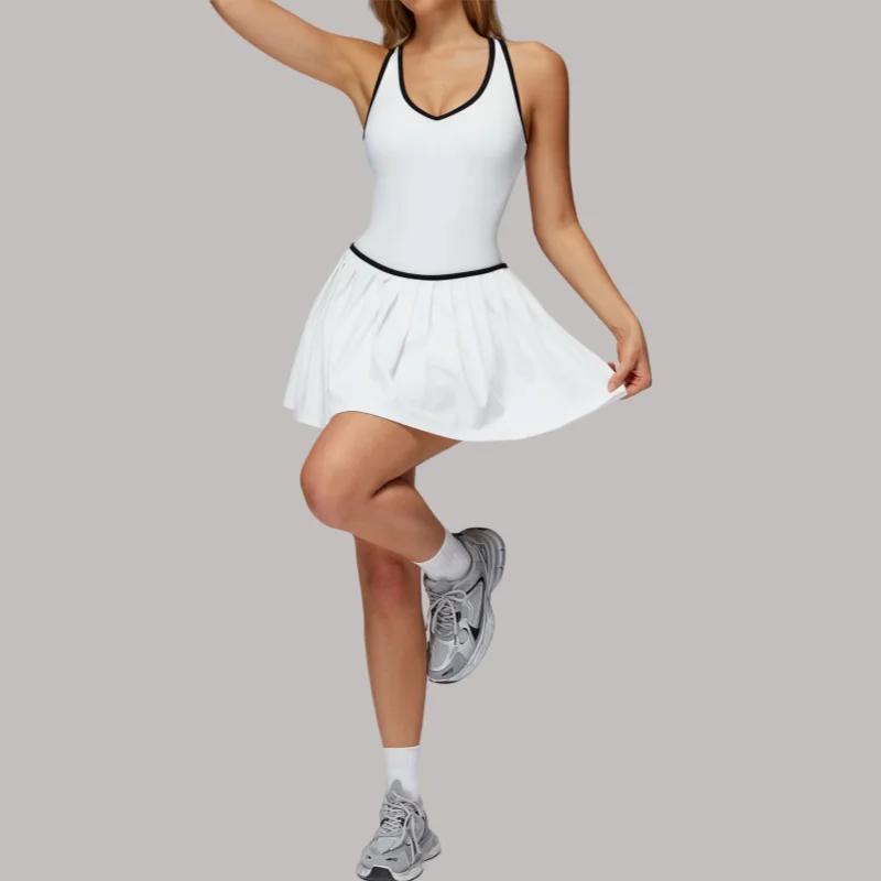 

Стильное женское спортивное платье из двух предметов с цветными блоками, быстросохнущий антиэкспозиционный костюм для йоги для бега в тренажерном зале, тенниса