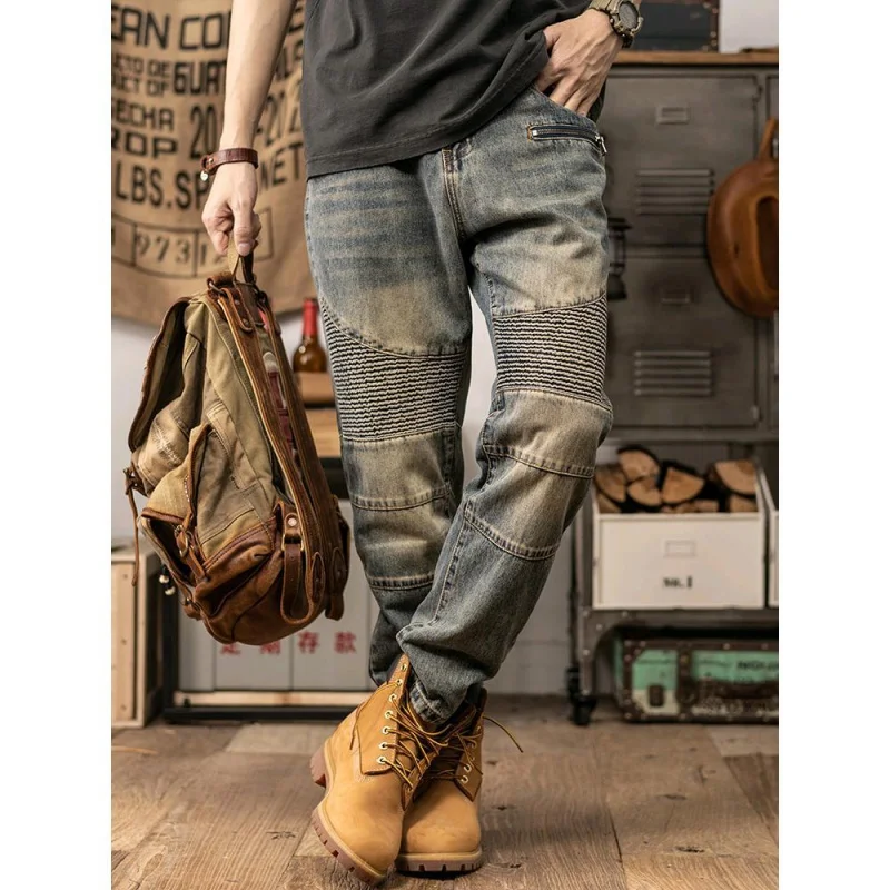 Men jeans trendy motorcycle pleats three-dimensional cutting casual retro versatile nostalgic straight loose biker denim pants