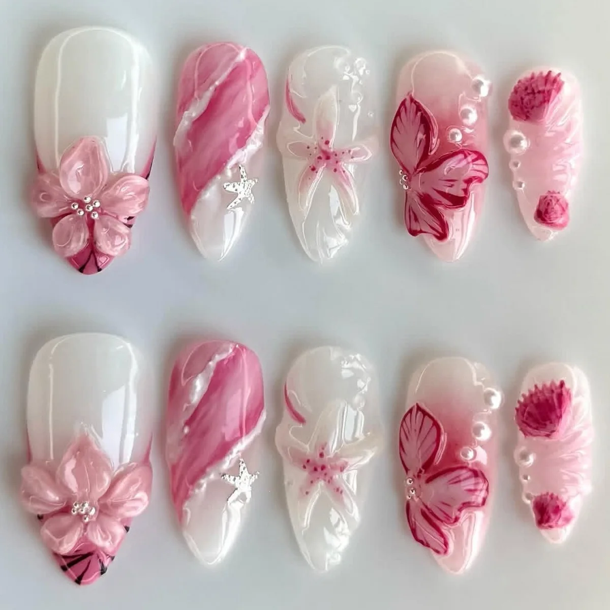 Almond Press On Nails Pink White Gradient 3D Embossed Flowers Butterfly Starfish Pearl Decor Handmade Reusable False Nails JT39