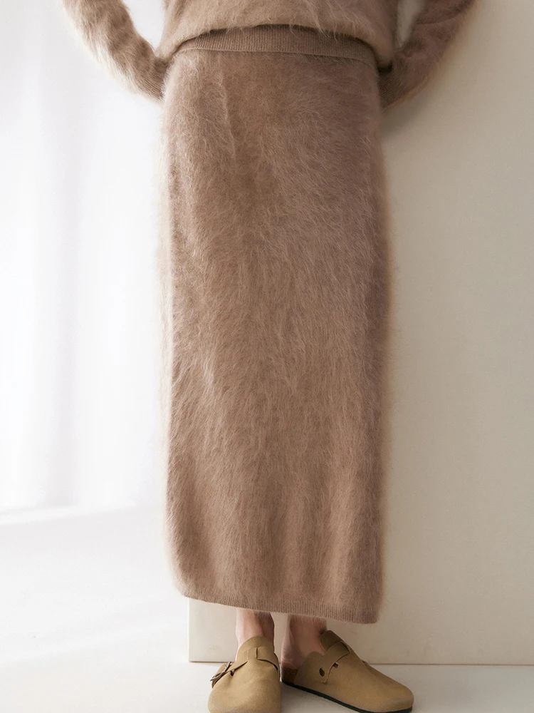 Long-hair Brushed 100% Pure Cashmere Knitted Mid-calf Skirt Autumn Winter Women's High Waisted Versatile Slimming Straight Skirt