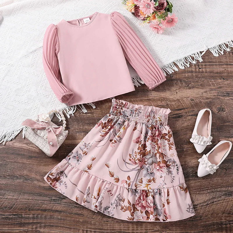 

2023 New Girls Dress Long Sleeve O Neck Ruffles Print Floral Pink Skirts Cute Designer Girls Princess Dress Vestido 4-7T