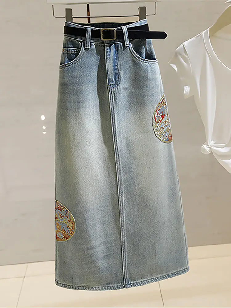 

High Waist Mid-Length A-Line Denim Skirt with Ba Split And Embroidery Slimming Women's Faion Spring Summer New Sle