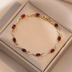 Bridal Oval Red Stone Charm Bracelets For Women Gold Color White Zircon Hand Chains Wife Birthday Engagement Valentine Jewelry