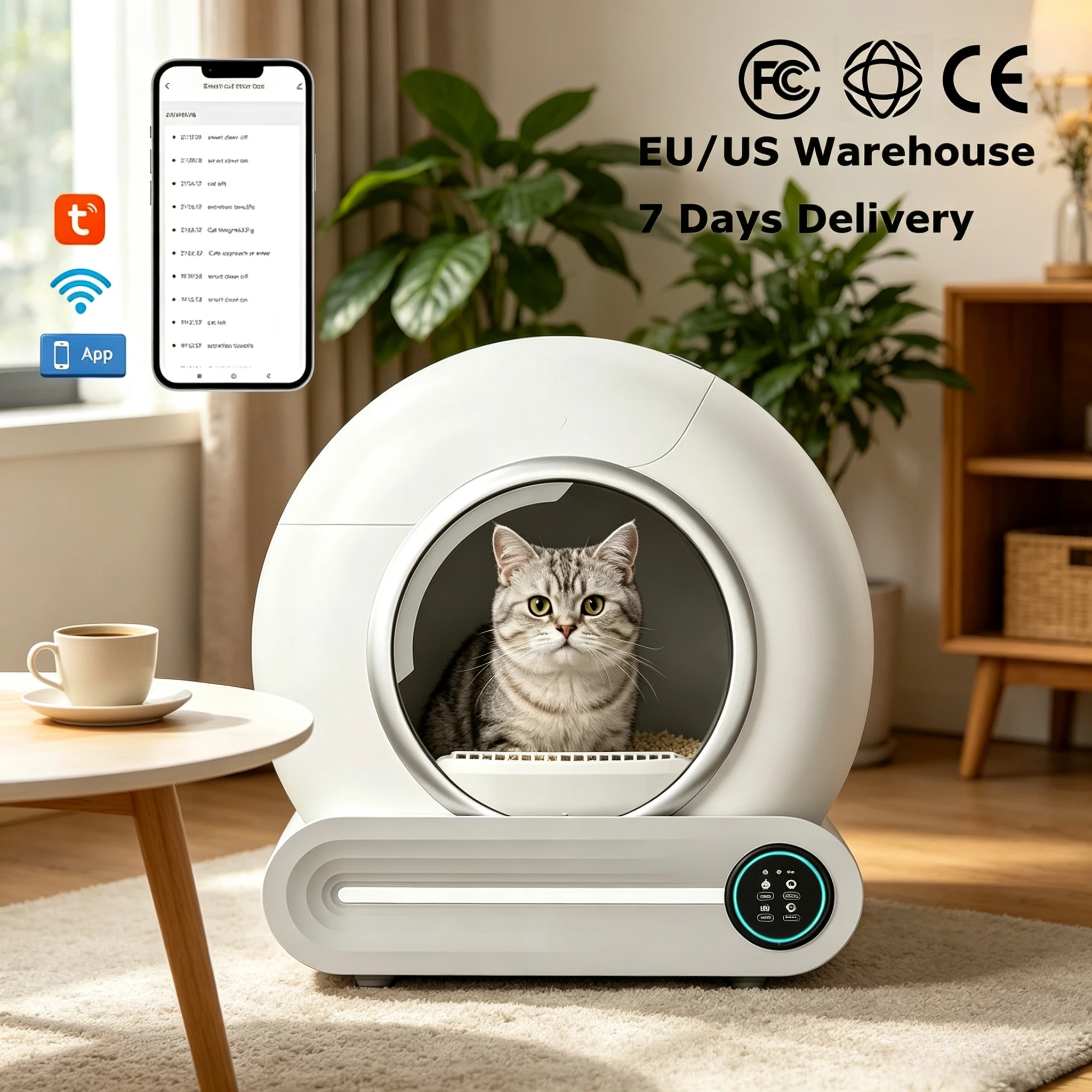 Litière Intelligente pour Chat avec Contrôle par APP, Entièrement Automatique, Anti-Éclaboussures, Facile à Nettoyer, Grande Taille, Fermée, Livraison Gratuite dans l'UE