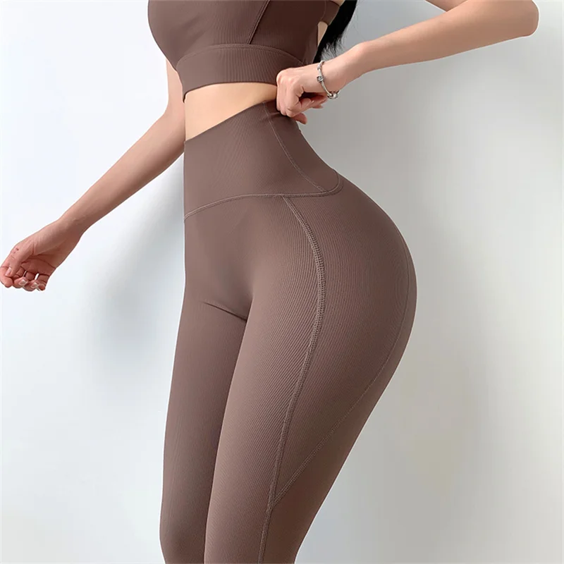 High Waist Yoga Pants Ribbed Fabric Fitness Legging Women Naked Feel Flatting Comfy NO Front Seam GYM Sports Tights