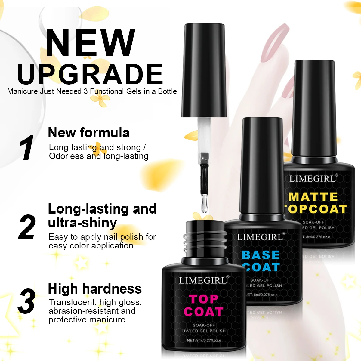 Nail Gel Polish Kit 9PCS 8ML Glitter Soak Off UV LED Gel & Top Coat Base Coat for Beginner Manicure Art DIY Salon/Home Supplies