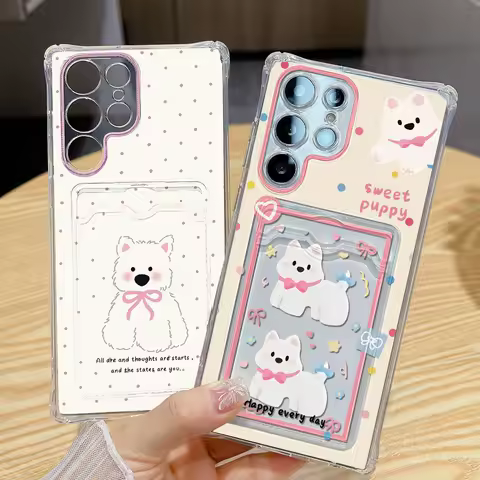 Sweet Puppy Phone Case For Samsung A54 A55 A34 A52 A33 A35 A06 A16 A15 A14 S24 Ultra S22 S23 S20 S21 FE Card Slot Holder Cover