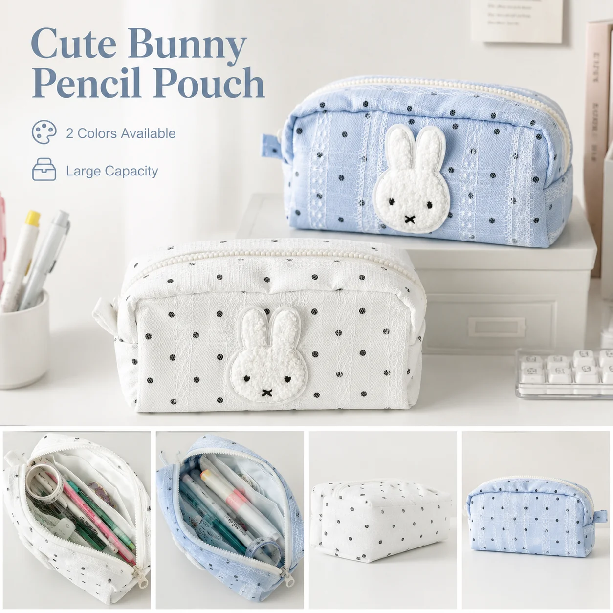 Kawaii Miffy Bunny Pencil Case Polka Dot Lace Large Capacity Zipper Stationery Storage Pouch Portable Student School Supplies