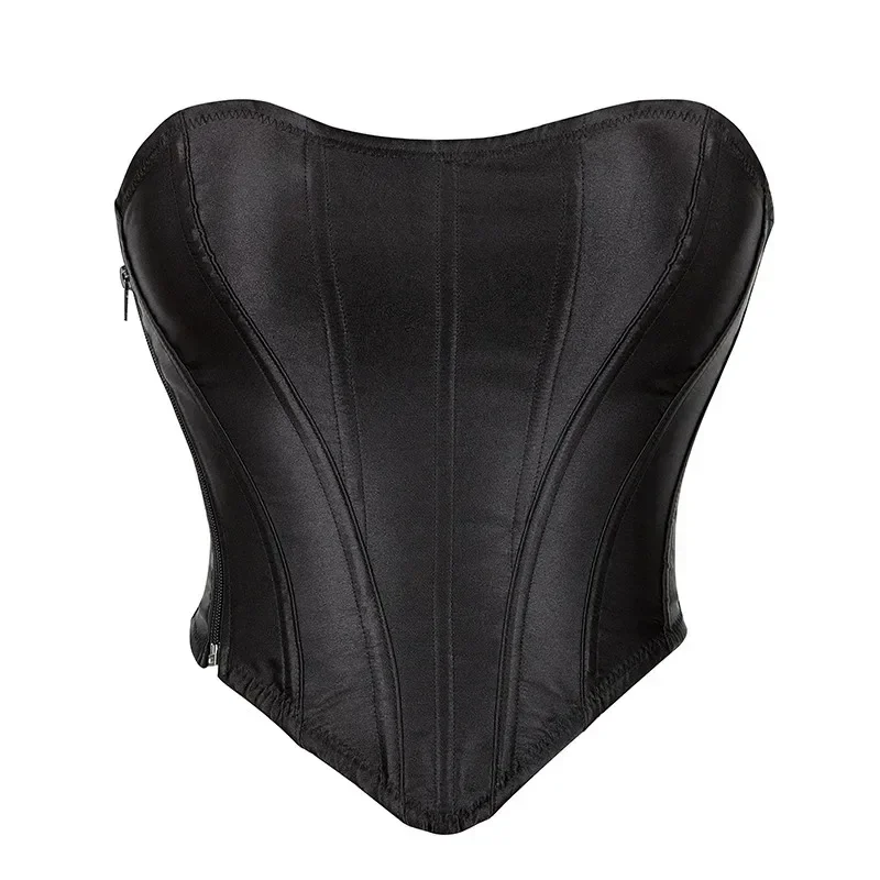 

Женский атласный винтажный корсет с завышенной талией размера плюс, атласный короткий бюстье на шнуровке, черный топ с боковой молнией, корсеты