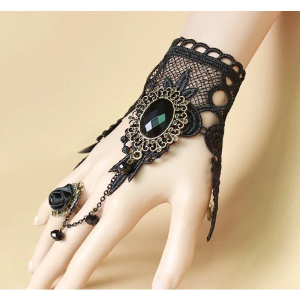 4pc Gothic Punk Teardrop Pendant Lace Bracelet Ring Set