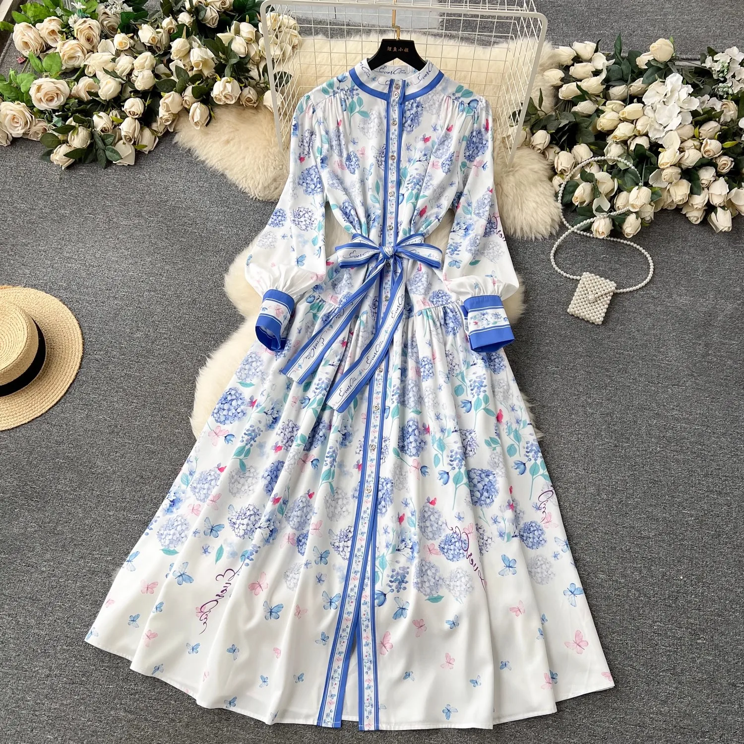 Fashion Designer Flower Print Maxi Dress Women Stand Lantern Sleeve Single Breasted Lace Up Belt Boho Long Vestidos 8739