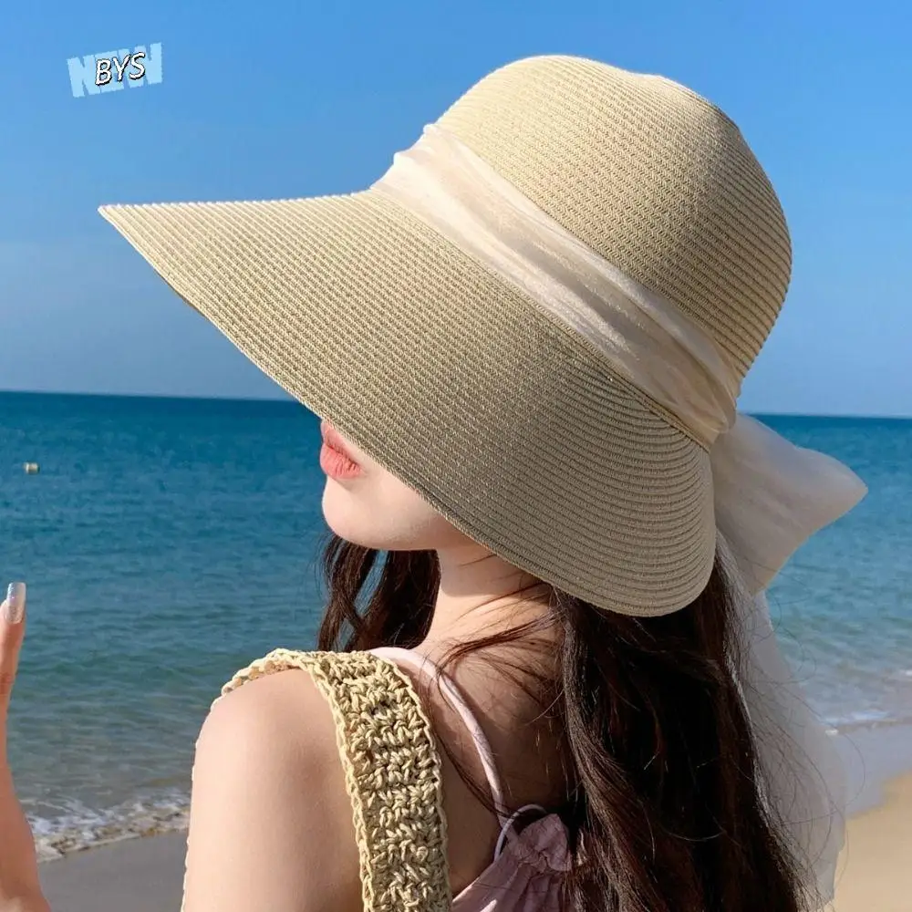 

Vacation Foldable Woman's Straw Hat Wide Brim Elegant Lace Brim Sunshade Cap Bow Ribbon Breathable Straw Sun Hat Summer