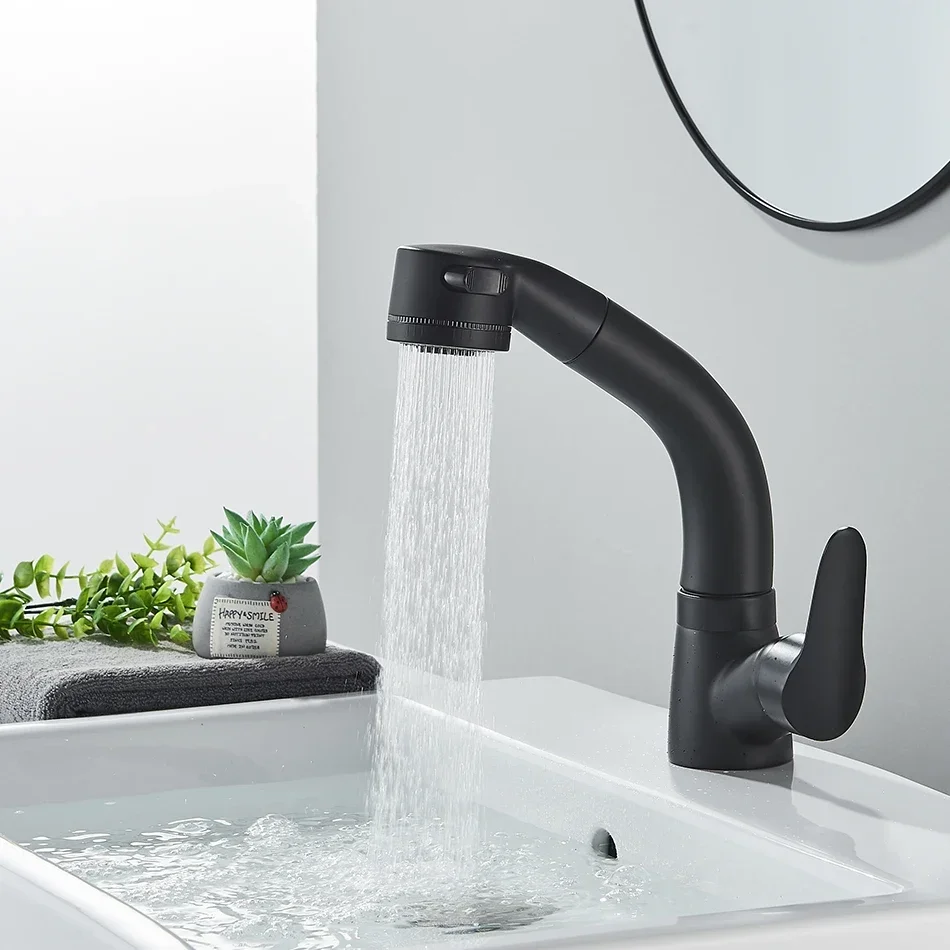Basin Faucet with Flexible Pull Out Sprayer Deck Mounted Extendable Lift Bathroom Sink Mixer Taps Dual Modes Nozzle For Kitchen