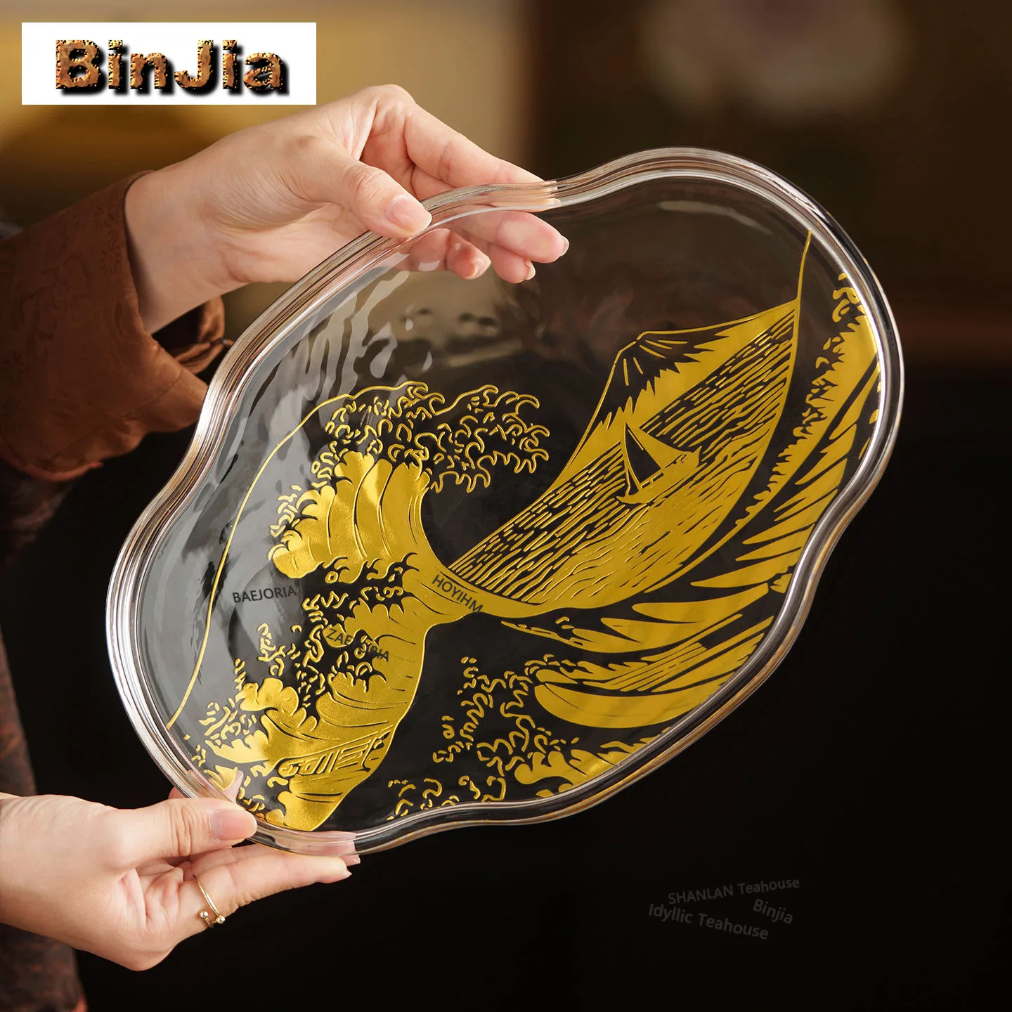 BAEJORIA Imitation Gold Decal Transparent Colored Glaze Glass Tea Tray Cake Rack Storage Board Teapot Mat Dishes For Serving Cha