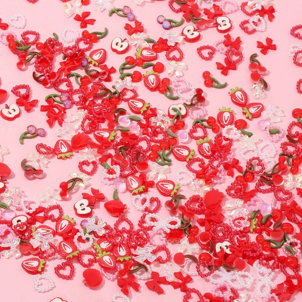 Misturar 75 peças aleatórias misturadas com flores de morango amuletos de resina doce com parte traseira lisa lua acessórios de decoração de arte de unha manicure faça você mesmo