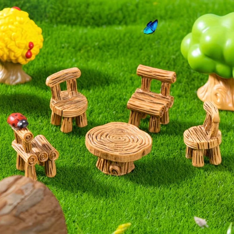 5pcs Miniatures of Mini Chair Table Set - Resin Figurines Model for Home Garden Fairy Micro Landscape DIY Decoration