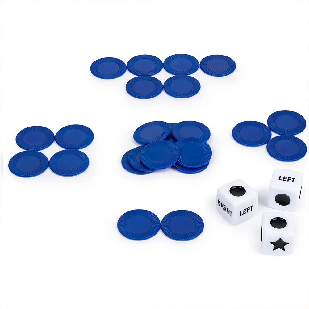 27pcs Fun Interactive Dice Games Left Right Center Dice Game 3 Dices and 24 Chips Portable for Family Friends Nights