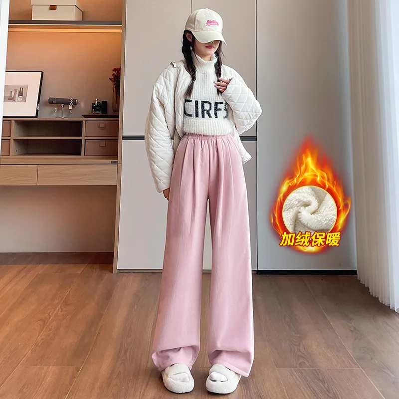 2025 inverno feminino engrossado casual solto calças à prova de vento cintura alta drapeado tubo reto forrado de lã