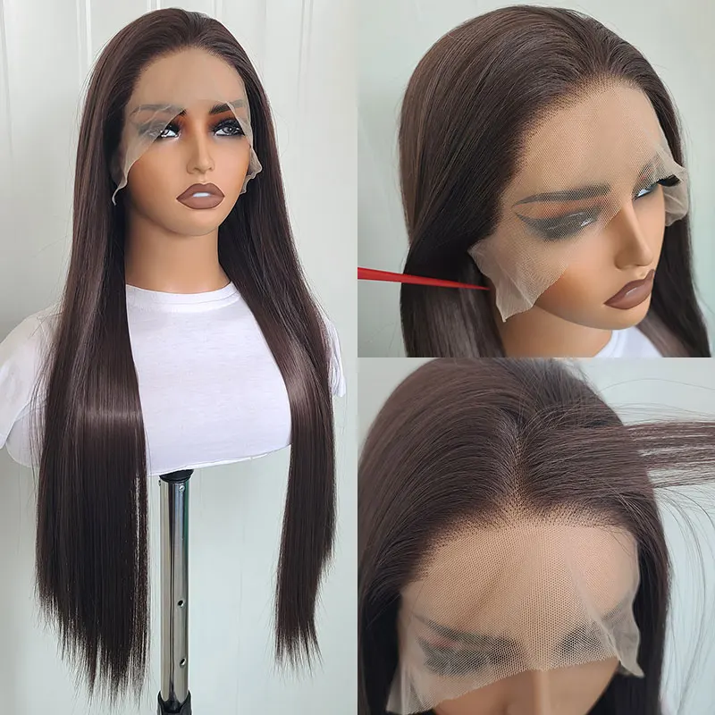 

Bombshell Dark Brown Straight Synthetic 13x4 Lace Front Wigs Glueless Heat Resistant Fiber Hair Nautral Hairline For Black Women