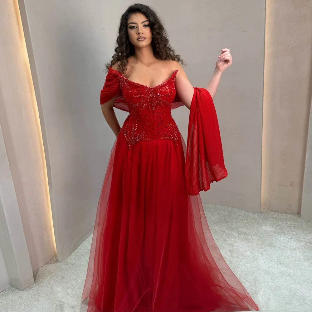 Customized Luxury Red Prom Dress with Side Cape Strapless Crystal Sequin Evening Gown A Line Tulle vestidos de fiesta elegantes