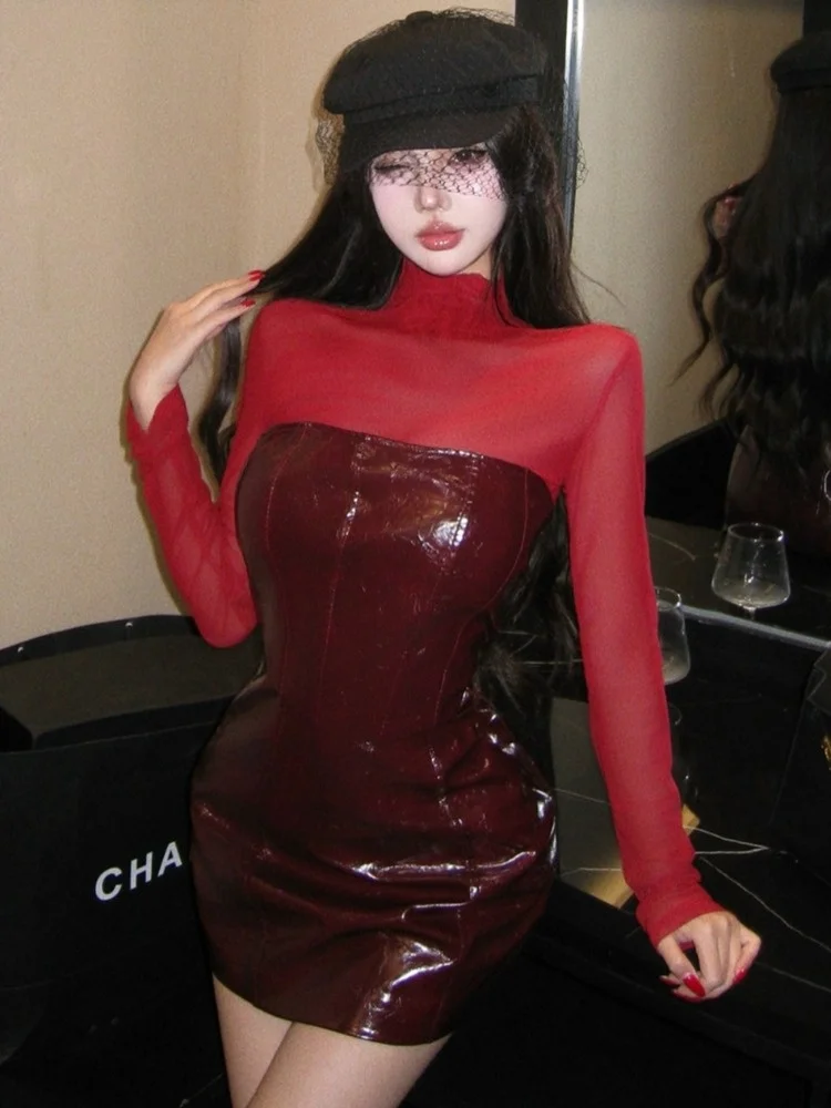

Elegant High Collar Long Sleeve Mesh Short Skirt Women's Autumn Winter Sexy Slim Fit Bodycon Dress Korean Style Commute