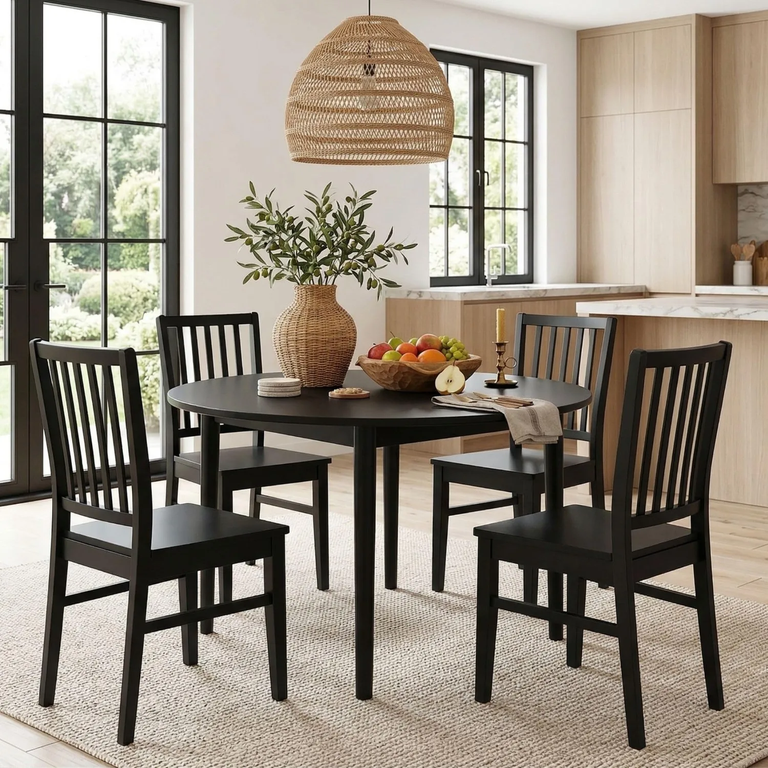 Black Wood Dining Chairs Set of 4, Farmhouse Kitchen Chairs with High Backrest and Wooden Legs, Armless Dining Side